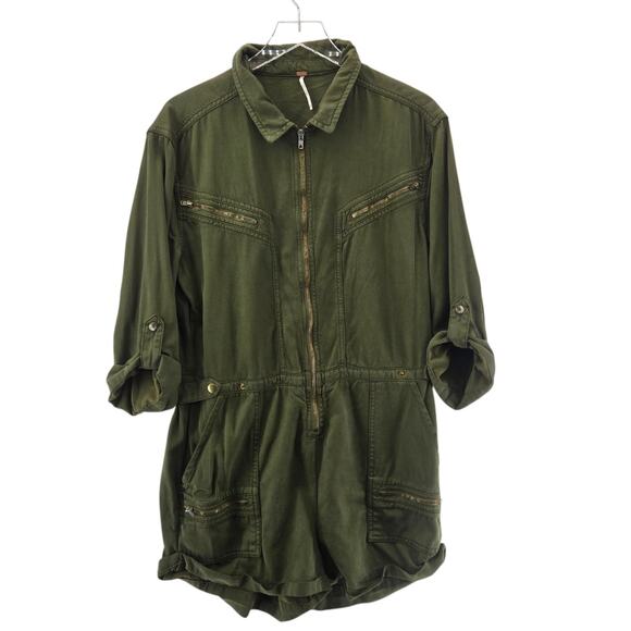 Free People Isla Jumper Womens 10 Flight Suit Aviator Olive Green Cotton Lyocel - Picture 2 of 14